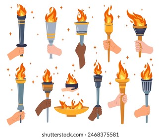 Set of flaming torch in hand Vector isolated torches with flames in hands. Burning fire or flame Sport fire sign. Symbol of competition victory, athletic, champion, sports game winner or freedom icons