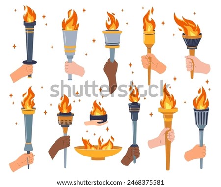 Set of flaming torch in hand Vector isolated torches with flames in hands. Burning fire or flame Sport fire sign. Symbol of competition victory, athletic, champion, sports game winner or freedom icons