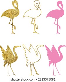 Set of flaminggo isolated in white background with golden lines and pink Silhouettes