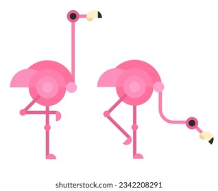 Set flamingo bird in creative geometric style. Beautiful modern element. Abstract minimal concept art. Vivid cartoon character design. Vector flat illustration.