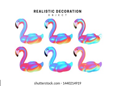 Set of flamingo bird with gradient holographic color of holograms. Decorative design elements. Realistic shape 3d objects. vector illustration isolated on white background