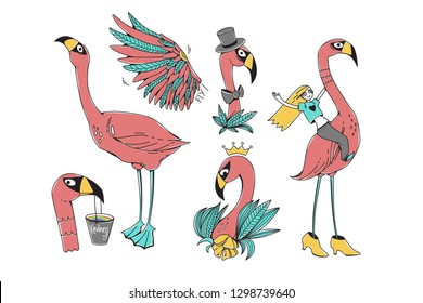 Set with a flamingo. Collection with illustration of cartoon exotic bird and girl sitting on the flamingo. Graphic modern illustration. Can be used as stickers, prints, etc. 