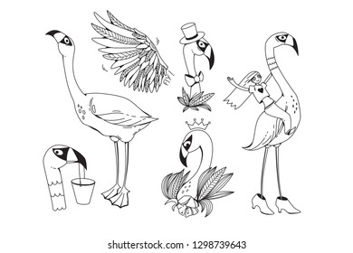 Set with a flamingo. Collection with illustration of cartoon exotic bird and girl sitting on the flamingo. Graphic modern illustration. Can be used as stickers, prints, etc. 