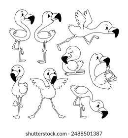 Set of flamingo doodle collection, flamingo outline coloring page book animals for kindergarten, Vector line art set of animals wildlife, Hand drawn, Minimal flamingo line art doodle in different pose