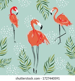 Set with flamingo silhouette. Summer time. Exotic Hawaii art background. Design for fabric, wallpaper, textile and decor.