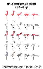 Set of Flamingos and Cranes in different style. Cute cartoon. Vector illustration for web design or print.