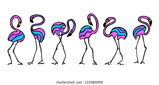 Set of flamingos in different poses