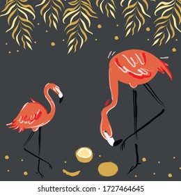 Set with flamingos in different poses. Exotic Hawaii art background. Design for fabric, wallpaper, textile and decor. Illustration, vector