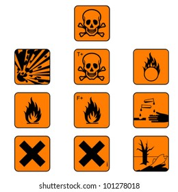 Set of flammabl chemicals - hazard symbols and warning sign isolated on white, vector
