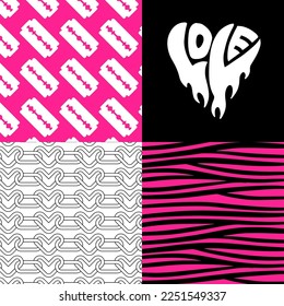 Set of flamour y2k sad love conception poster backgrounds in goth style. Trendy gothic emo 2000s concept. Anti Valentines day greeting card Sad backdrop. 90s Retro style vector illustration.