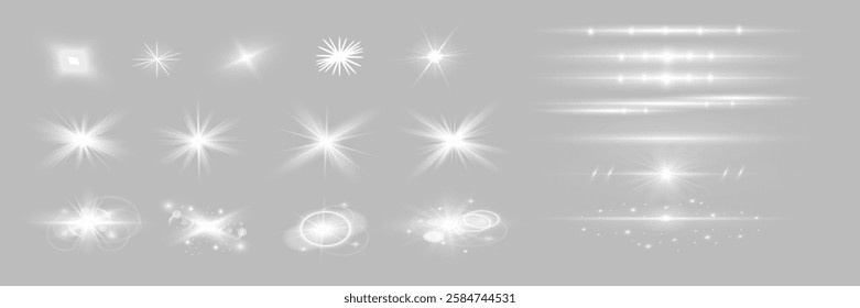 Set of flare light effects. White lens flares, stars, rays and sparkles. Special light effect design. Set of bright flares. Vector