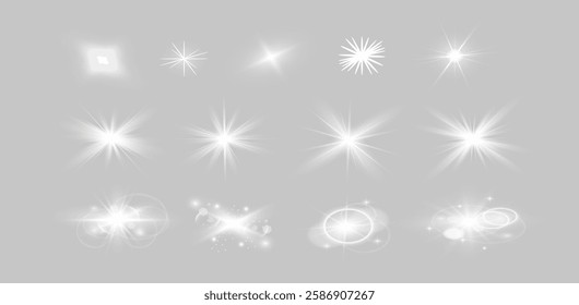 Set of flare light effects. White lens flares, stars, rays and sparkles. Special light effect design. Set of bright flares. Vector