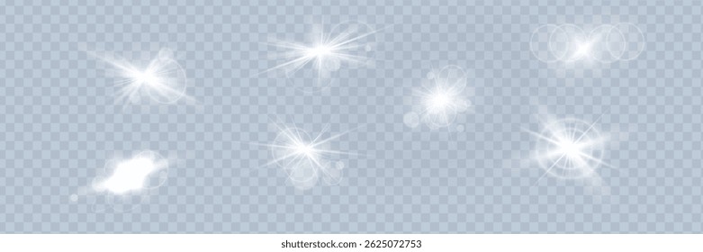 Set of flare light effects. White lens flares, stars, rays and sparkles. Special light effect design. Set of bright flares. White spotlight. Vector