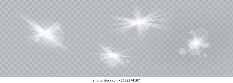Conjunto de efeitos de luz de erupção. Erupções, estrelas, raios e faíscas de lentes brancas. Projeto especial de efeito de luz. Conjunto de clarões brilhantes. Destaque branco. Vetor