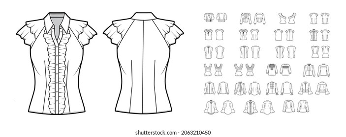 Set of flared shirts, blouses technical fashion illustration with bow, tiered, frilled details, fitted oversized body. Flat tops apparel template front, back, white color. Women, men unisex CAD mockup