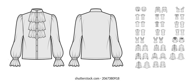 Set Of Flared Shirts, Blouses Technical Fashion Illustration With Bow, Tiered, Frilled Details, Fitted Oversized Body. Flat Tops Apparel Template Front, Back, Grey Color. Women, Men Unisex CAD Mockup