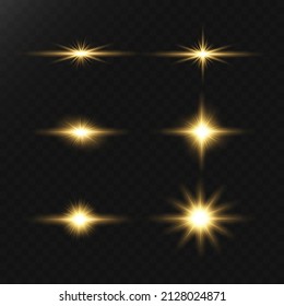 A set of flares, bright lights and sparkles on a transparent background. Golden flashes and glare. Abstract golden isolated lights Bright rays of light. Glowing lines.	
