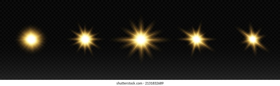 A set of flares, bright lights and sparkles on a black background. Golden flashes and glare. Abstract golden isolated lights Bright rays of light. Glowing lines.