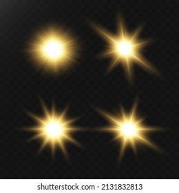 A set of flares, bright lights and sparkles on a black background. Golden flashes and glare. Abstract golden isolated lights Bright rays of light. Glowing lines.