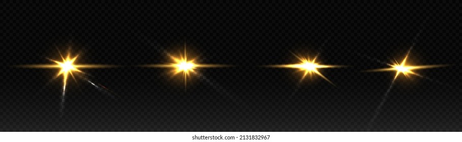 Un conjunto de bengalas, luces brillantes y destellos sobre un fondo negro. Los destellos dorados y el brillo. Resumen de luces aisladas doradas brillantes rayos de luz. Líneas brillantes.