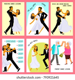 Set of flares with Happy young bride and groom are dance on their wedding day. Concept for the studio, wedding dance lessons. Vector illustration eps 10