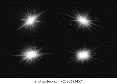Set of flares and highlights. Light of stars and explosion. On a transparent background.
