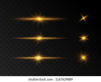 Set of flares, lights and lines. Abstract golden lights isolated on transparent background. Bright light flashes with glare. Bright beams of light. Vector illustration. EPS 10