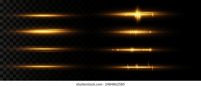 Set of flares, lights, sparkles on a transparent background. Set of horizontal highlights. Set of yellow flares.