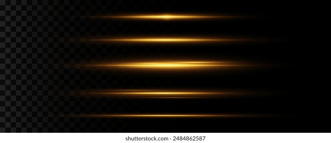 Set of flares, lights, sparkles on a transparent background. Set of horizontal highlights. Set of yellow flares.