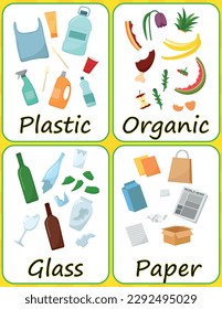 Set up flash cards about Earth Day. Items from garbage bins: plastic, organic, glass, and paper