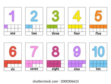 Set flash cards for kids. Learning numbers 1-10. Education developing worksheet. Activity page for school. Color game for children. Vector illustration. Cartoon style.