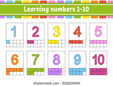 Set flash cards for kids. Learning numbers 1-10. Education developing worksheet. Activity page for school. Color game for children. Vector illustration. Cartoon style.