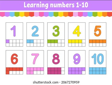 Set flash cards for kids. Learning numbers 1-10. Education developing worksheet. Activity page for school. Color game for children. Vector illustration. Cartoon style.