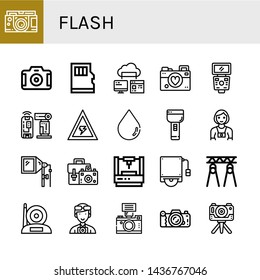 Set of flash icons such as Camera, Micro sd, Computer storage, Photographer, Flash, Voltage, Blur, Flashlight, Camera bag, Laser, Hard disk, Spotlight , flash