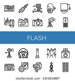 Set of flash icons such as Camera, Spotlight, Spark, Photographer, Amateur camera, Studio lighting, Hard disk, Sticks, Shocked, Flashlight, Spotlights, Tripod, Instant camera , flash