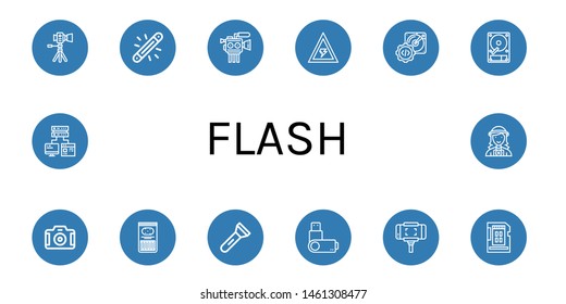 Set of flash icons such as Camera, Glow, Cinema camera, Voltage, Hard disk, Sticks, Flashlight, Usb flash drive, Selfie stick, Sd card, Computer storage, Photographer , flash