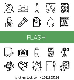 Set of flash icons. Such as Camera, Photographer, Flashlight, Spotlight, Blur, Hard disk, Photo, Cinema camera, Burst, Usb, Spotlights, Flash, Hard drive , flash icons