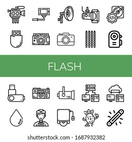 Conjunto de iconos de flash. Tales como cámara de cine, Flash drive, Selfie, cámara, Flash, Spotlight, adhesivos, disco duro, flash, Usb drive, Blur, fotógrafo, almacenamiento de ordenador , iconos