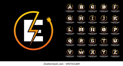 Set Flash Initial Letter Logo Icon Template. Illustration Vector Graphic. Design Concept Electrical Bolt And Electric Plugs With Letter Symbol. Perfect For Corporate, More Technology Brand Identity