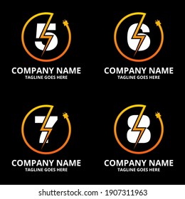Set flash initial number Logo Icon Template. Illustration vector graphic. Electrical Bolt and electric plugs With number symbol. Perfect for corporate, more technology brand identity