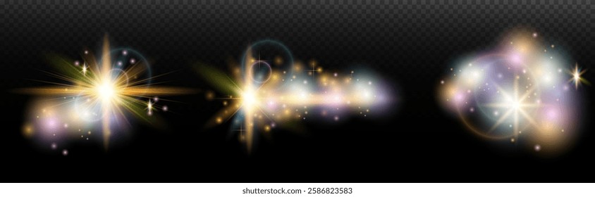 Set of flash light effect with glare and glow on a transparent background. Magic, rainbow glow, shining light, stars, optical flares for design, photomontage, New Year and holiday projects.