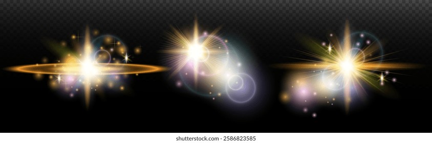 Set of flash light effect with glare and glow on a transparent background. Magic, rainbow glow, shining light, stars, optical flares for design, photomontage, New Year and holiday projects.