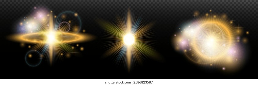 Set of flash light effect with glare and glow on a transparent background. Magic, rainbow glow, shining light, stars, optical flares for design, photomontage, New Year and holiday projects.