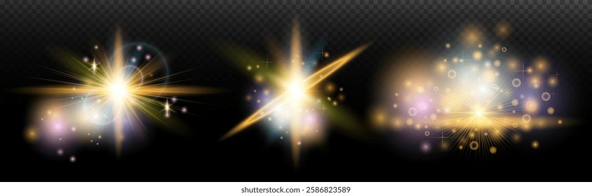 Set of flash light effect with glare and glow on a transparent background. Magic, rainbow glow, shining light, stars, optical flares for design, photomontage, New Year and holiday projects.