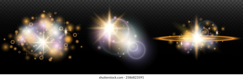 Set of flash light effect with glare and glow on a transparent background. Magic, rainbow glow, shining light, stars, optical flares for design, photomontage, New Year and holiday projects.