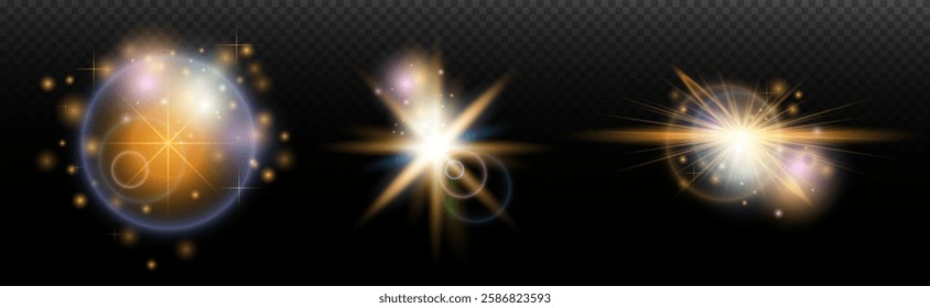 Set of flash light effect with glare and glow on a transparent background. Magic, rainbow glow, shining light, stars, optical flares for design, photomontage, New Year and holiday projects.