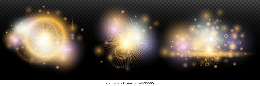 Set of flash light effect with glare and glow on a transparent background. Magic, rainbow glow, shining light, stars, optical flares for design, photomontage, New Year and holiday projects.