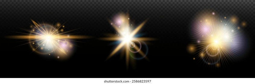 Set of flash light effect with glare and glow on a transparent background. Magic, rainbow glow, shining light, stars, optical flares for design, photomontage, New Year and holiday projects.