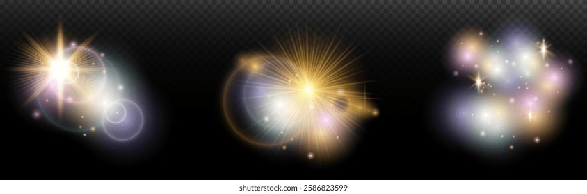 Set of flash light effect with glare and glow on a transparent background. Magic, rainbow glow, shining light, stars, optical flares for design, photomontage, New Year and holiday projects.