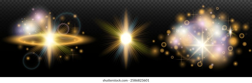 Set of flash light effect with glare and glow on a transparent background. Magic, rainbow glow, shining light, stars, optical flares for design, photomontage, New Year and holiday projects.